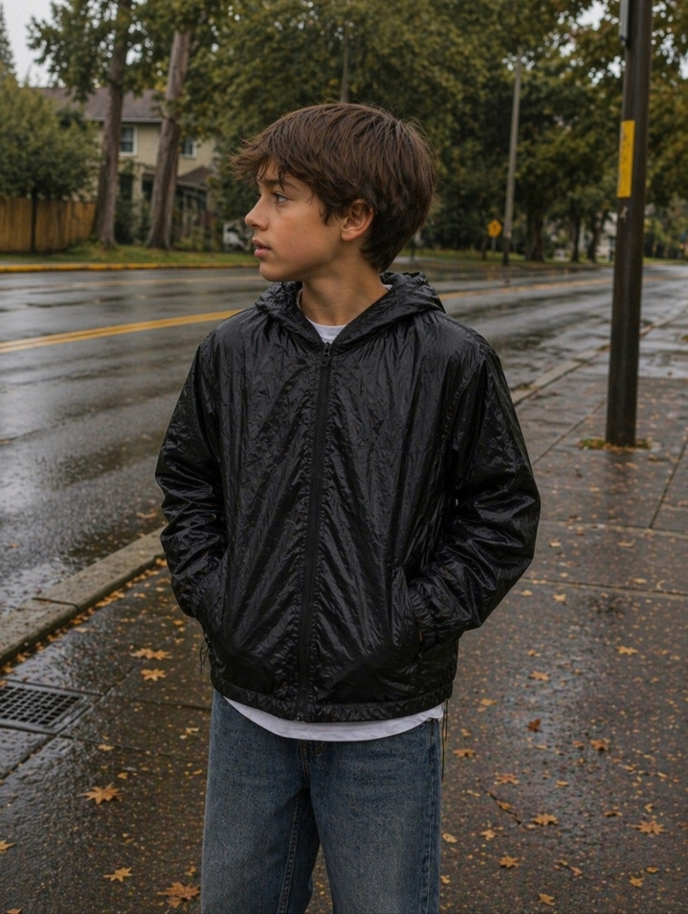 Solid Black Windbreaker Jacket โ Boys Size S (6โ7) FADED GLORY